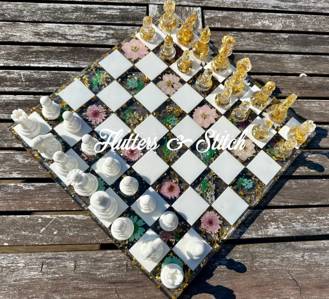 Pressed Flower Complete Chess Set: Pastel Floral Board with 32 Pearl and Gold Flake Pieces