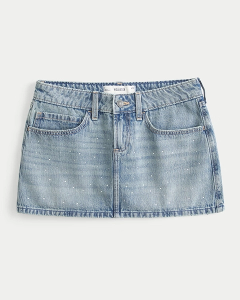 Low-Rise Medium Wash Studded Denim Mini Skort