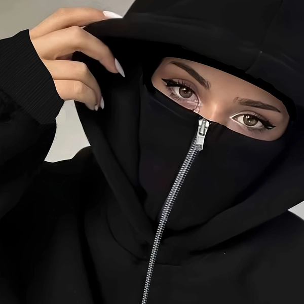 Women's Fashion Casual Solid Color Double Hood Balaclava Zip-Up Sweatshirt Double Hooded Hoodie