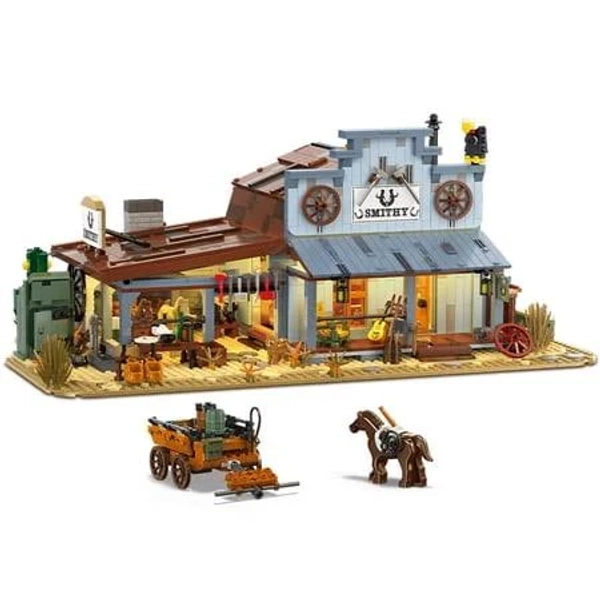 Moc Medieval Desert Wild Western Blacksmith Shop Grocery Store Building Blocks Set Tavern Hotel Toys For Birthday Holiday Gifts