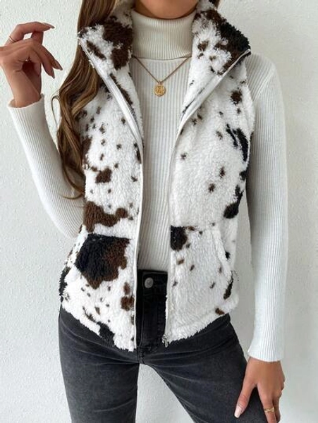 Women's Autumn Cow - Print Teddy Fleece Sleeveless Vest Jacket Coat, Autumn/Winter Clothing