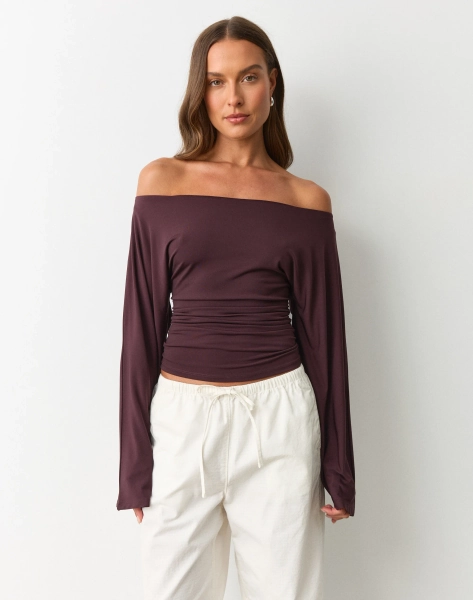 Off Shoulder Ruched Long Sleeve Top