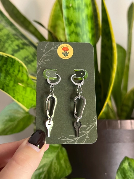 Silver Carabiner Key Earrings: Stainless Steel Punk Huggie Earrings