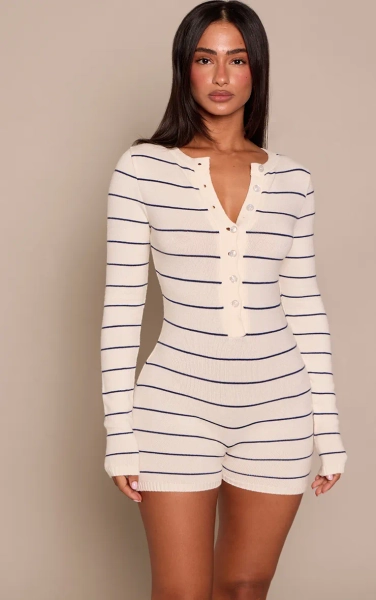 Petite Navy Stripe Knitted Long Sleeve Playsuit