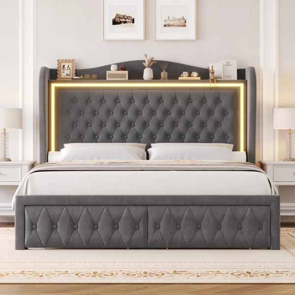 Kaliya Velvet Upholstered Platform Bed with LED Lighting and Storage Drawers