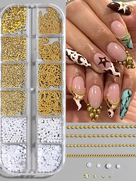 12-Grid 3D Gold Chain Pearl Mixed Steel Ball Chain Rhinestone Diamond Y2K Vintage Gothic Style Nail Art Decorations Nail Salon Accessories DIY Nail Supplies, Aesthetic