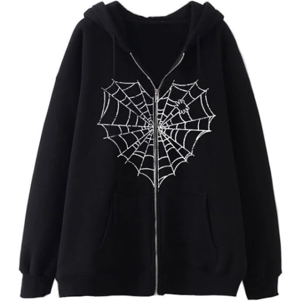 Women's Goth Spider Web Zip Up Oversized Hooded Sweatshirt
