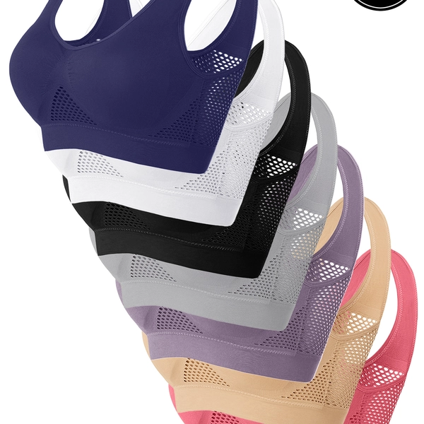 7pcs Women'S Wireless Sports Bras - High-Elasticity Breathable Mesh Yoga, Running, Gym Workout Bras with Padded Cups - Solid Color (Navy, Pink, Purple, Light ) - Machine Washable, Workout Clothes, Sleek Design, Durable Construction
