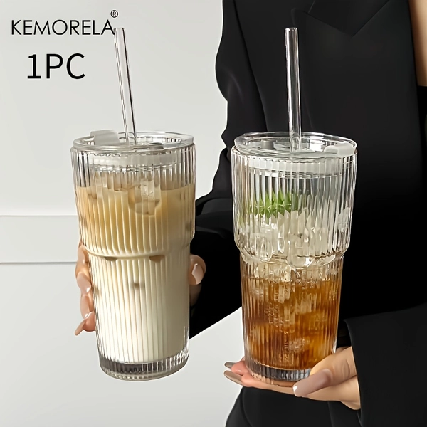 1pc/2pcs Ribbed Glass Tumbler 20Oz KEMORELA with Lid And Glass Straw | Heavy Duty, Reusable, Machine Washable, Perfect for Iced Coffee, Smoothies, Cocktails, Juices for Home, Office, Travel