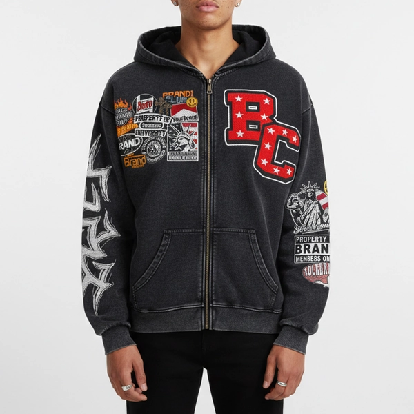 Sopula Vintage Warzone Peace Club Graphic Washed Zip-Up Hoodie