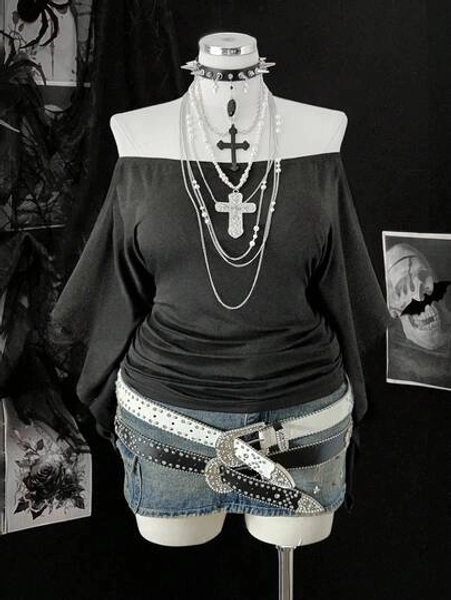Sunspun Plus Size Women Vintage Punk Style Off-Shoulder Ruched Waist Long Sleeve T-Shirt, Suitable For Daily Wear And Commuting