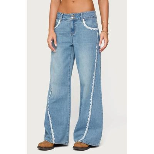 EDIKTED Alisha Lace Trim Low Rise Jeans in Blue-Washed at Nordstrom, Size X-Small