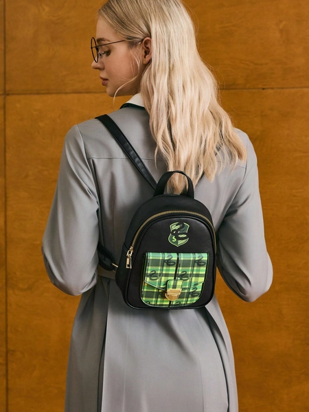 HARRY POTTER X SHEIN Women's Fashion Patchwork Plaid & Snake Print Backpack, Back To School