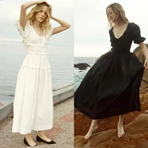 100% Cotton Women Slim Midi Dress White or Black Puff Sleeve Elastic Waist Bow Female Robe Spring Summer 2024 - AliExpress 