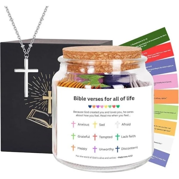 Large Size Bible Verse Jar, Christian Gifts for Women, Prayer Jar with 108Pcs Bible Verses and Silver Cross Necklace, Birthday Gifts for Women,