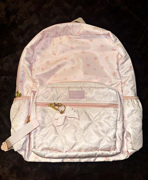 LOVE SHACK FANCY Yoobi Pink/White Floral Quilted Backpack Bow Charm Zip Pockets