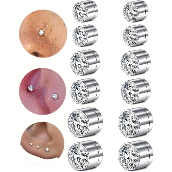 12pcs Stainless Steel Clip-On Nose Studs & Lip Rings with Sparkling Synthetic Synthetic Zirconia - No Piercing Required, 3mm 4mm 5mm Sizes, Elegant & Hip Hop Style for Casual Attire or Parties