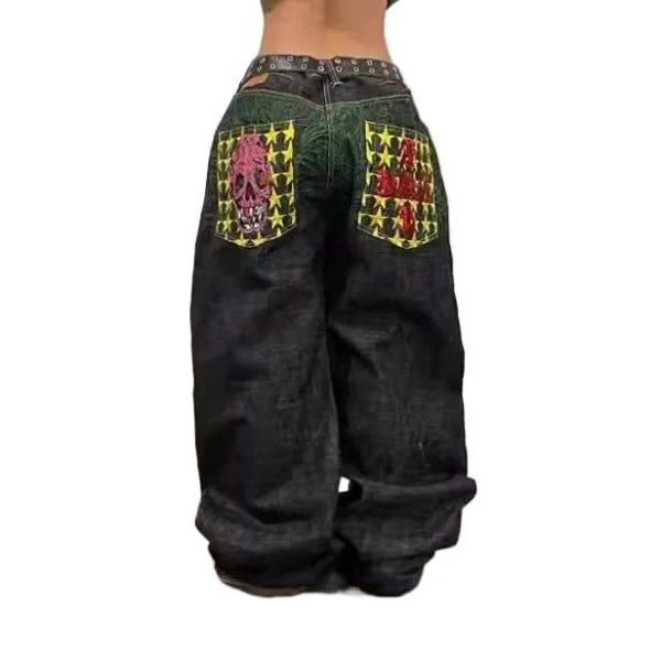 Unisex Y2K Hip Hop Street Jeans Skeleton Printed Gothic Baggy Jeans Vintage High Waist Denim Jeans Wide Leg Pants