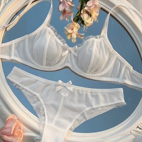 French-Style Sexy Mesh Lace Trim Bow Push-Up Lingerie Set