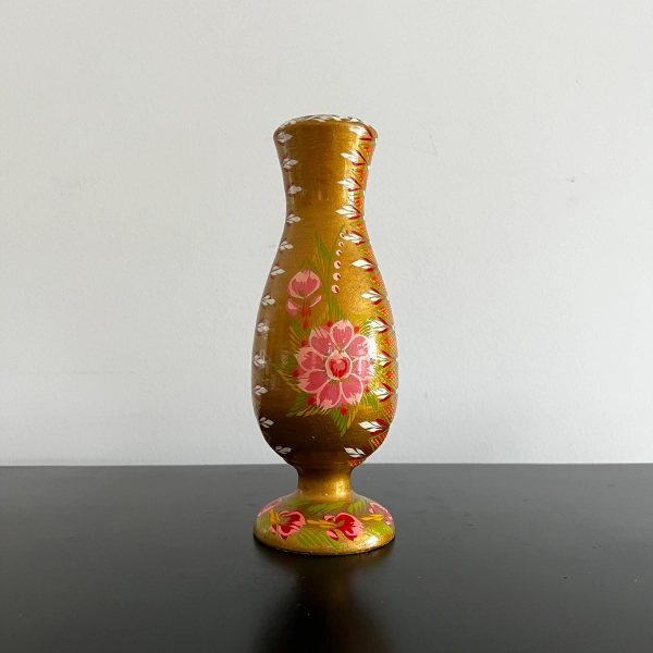 Vintage Hand-Turned Wood Vase: Floral Painted Bohemian Decor