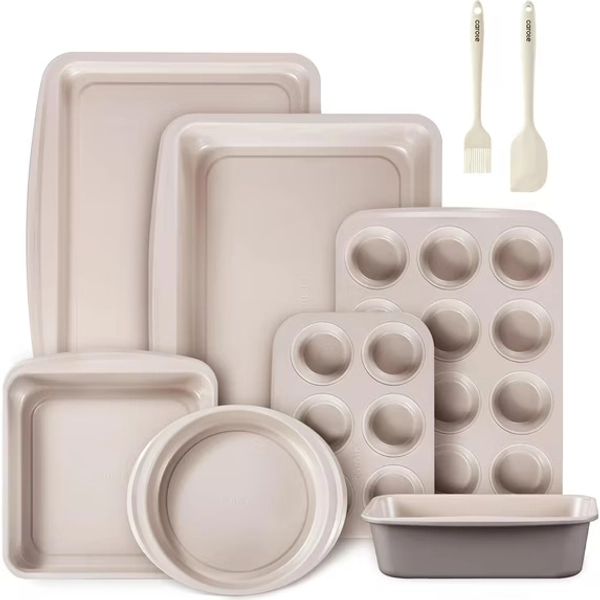 Carote 9 Pc Stackable Nonstick Bakeware Set, Includes Cookie Sheet, Muffin, Bread, Cake, Loaf & Roasting Pans, Gray & Khaki