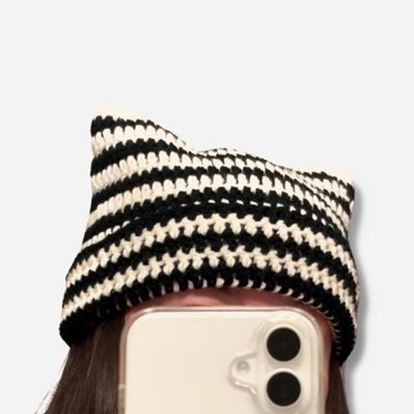 Handmade Crochet Cat Ear Beanie - Adult Size - Trendy Headwear - Black and White Striped