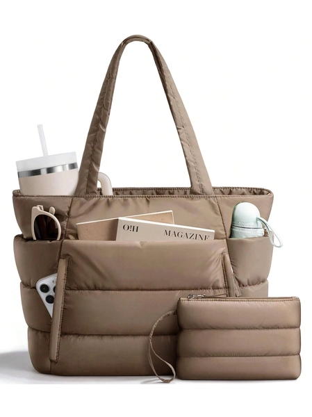 Puffer Tote Bag For Women, Lightweight Puffy Work Handbag Teacher Nurse Quilted Shoulder Bag For School Travel Gym