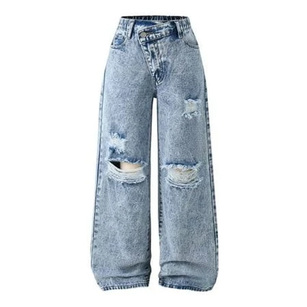 Girls' Loose Fit Wide Leg Ripped Distressed Denim Pants