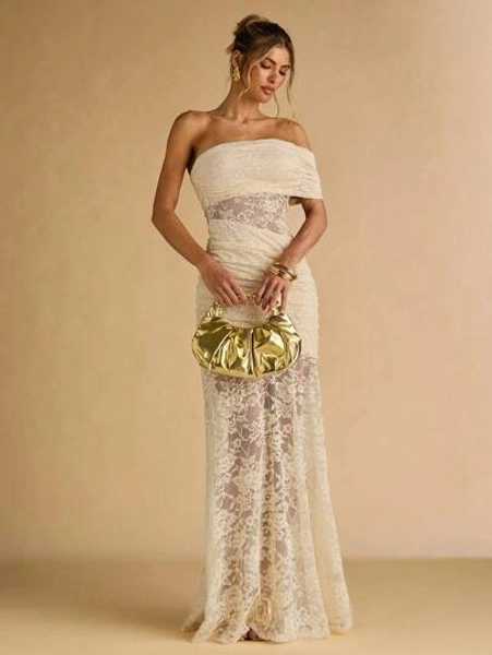 SHEIN BAE Spring And Summer Apricot Exquisite Lace Asymmetrical Off-Shoulder Collar Semi-Transparent Large Dress Elegant Ladies Maxi Dress,Vacation Dress, Summer Dress,Beach Outfits For Woman,Wedding Guest Dress Women,Birthday Dresses For Women,Yellow Dress