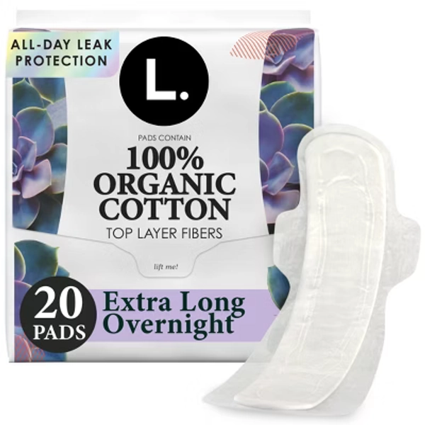 L. Organic Cotton Top Layer Maxi Extra Long  Pads - Overnight Absorbency - 20ct