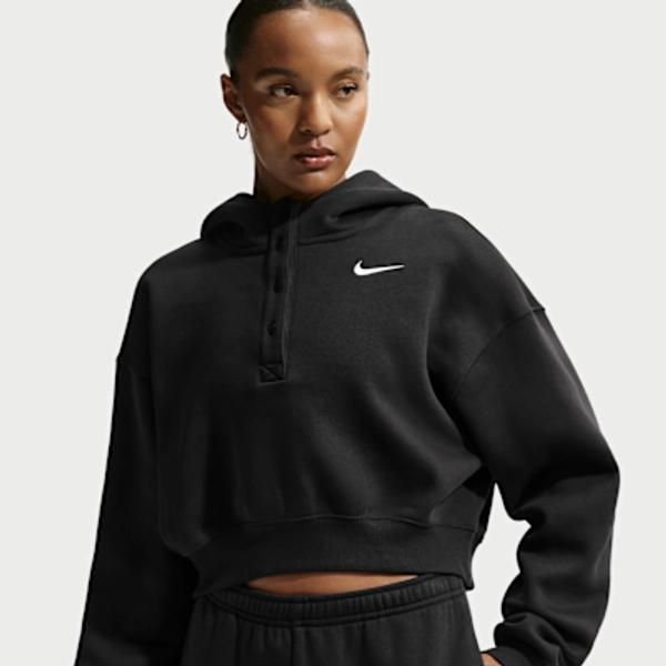 Nike Sportswear Phoenix Fleece Women's Oversized Cropped Henley Hoodie - Black/Sail - Size XS