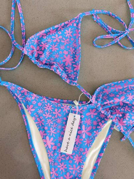 Polovedo Official Women's European & American Sexy Floral Print Halter Tie Bikini Set Set