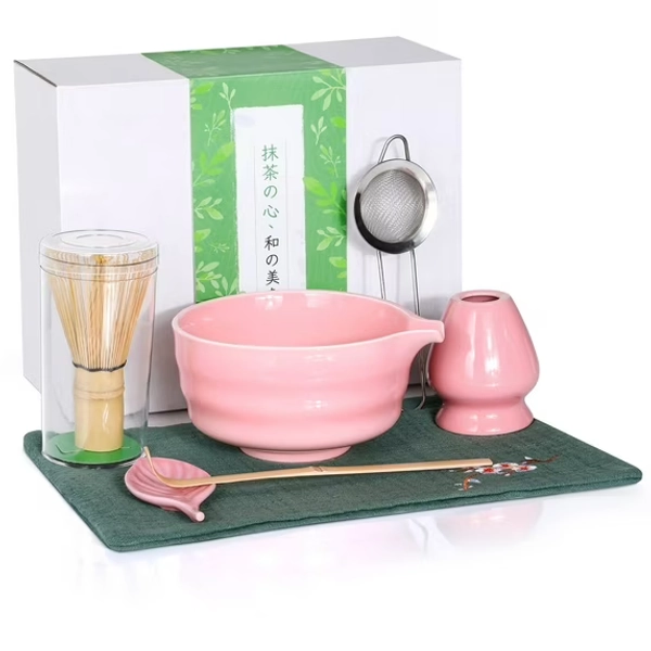 LIZEVINC Matcha Whisk Set,7 Pcs Matcha Kit Includes Matcha Bowl with Spout,Matcha Whisk and Holder,Bamboo Matcha Scoop,Stainless Steel Sifter,Scoop Stand and Tea Towel,Ideal for Matcha Lovers,Pink