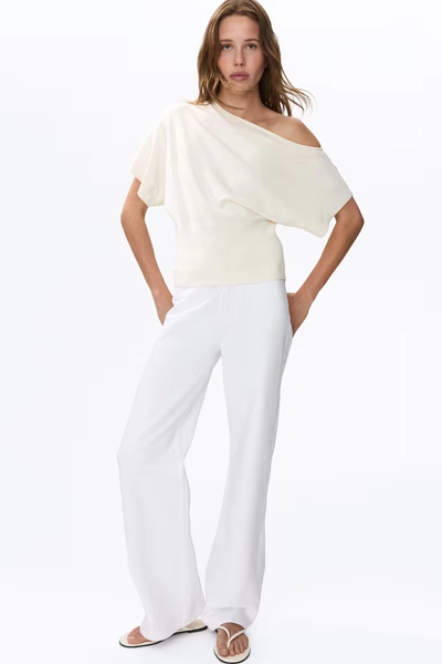 Fine-Knit One-Shoulder Top - Cream
