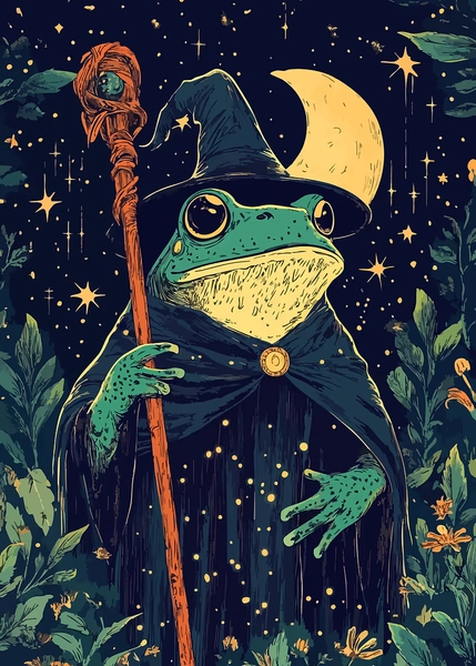 'Frog Wizard Under Stars Fantasy Minimalist Art' Poster, picture, metal print, paint by LVTFCO | Displate