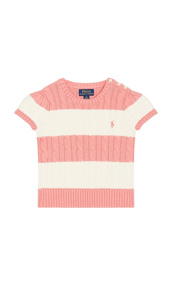 Short Sleeve Cotton Cable Knit Striped Pullover Sweater