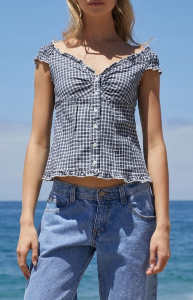 White & Blue Plaid Elena Top