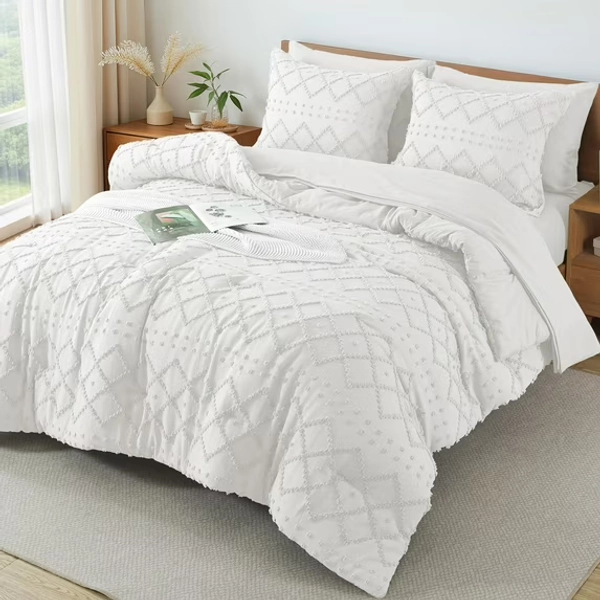 Vccoem 7-Piece Queen Comforter Set Bed in a Bag - White Boho Tufted Luxury Bedding Set, Ultra Soft & Breathable All Season Comforter with Sheets & Pillowcases