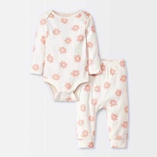 Baby 2pc Floral Wide Ribbed Top & Bottom Set - Cloud Island™ Cream 3-6M: Cotton Botanical Infant Outfit