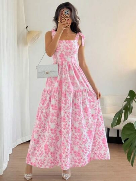 Islaluna French Elegant Ruched Waist Floral Print Flared Dress, Sleeveless Flowy Dress, Light Blue Floral Summer Dress
