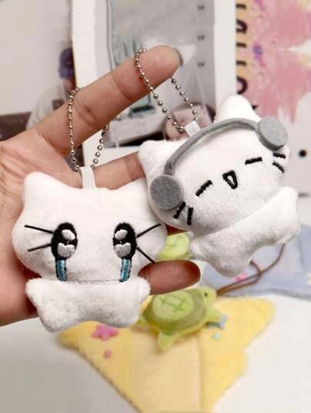 1pc Music Headphone Cat Pendant Figure, Crying Cat Keychain, Cartoon Healing Plush Doll Backpack Decoration