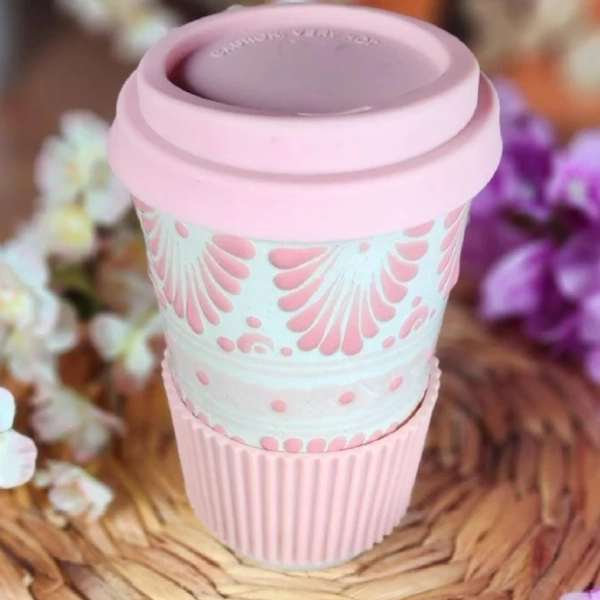 Original Mexican pink Talavera 3 pieces tumbler cup w lid coffee hot chocolate 450ml handmade travel mug talavera gift for her coquette