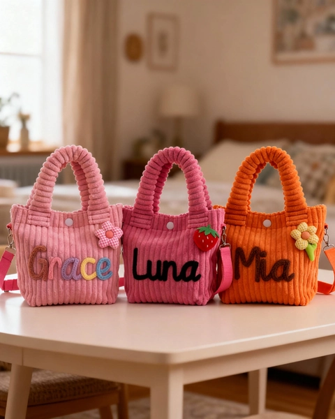 Personalized toddler crossbody bag, small corduroy purse for daycare, baby travel bag, flower girl gift, preschool and birthday present