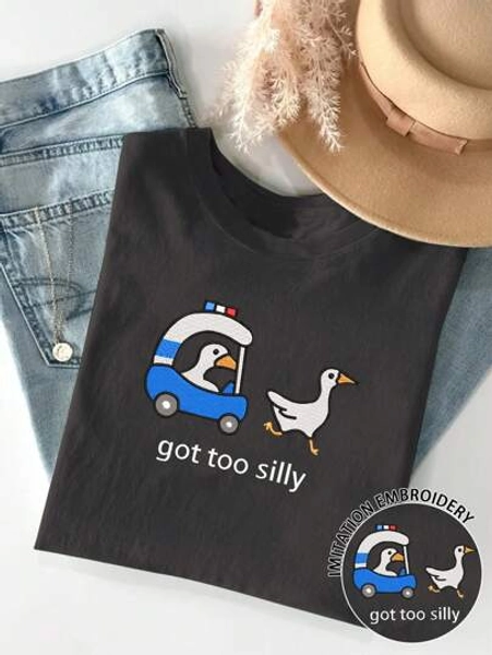 INAWLY Embroidered Funny Silly Police Goose Graphic Comfortable Round Neck Women T-Shirt Graphic Tees Women Tops