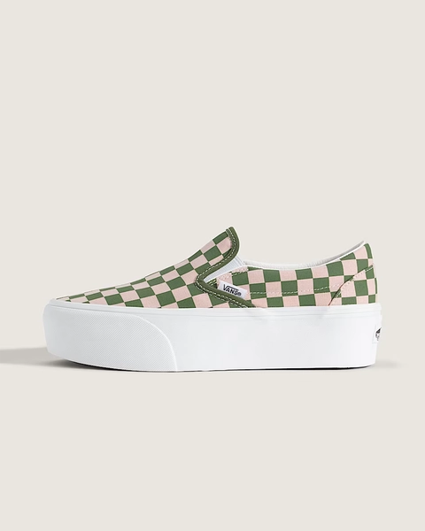 Classic Slip-On Platform Checkerboard Shoe in Checkerboard Sepia Rose Pink / Pine Forest Green | Vans