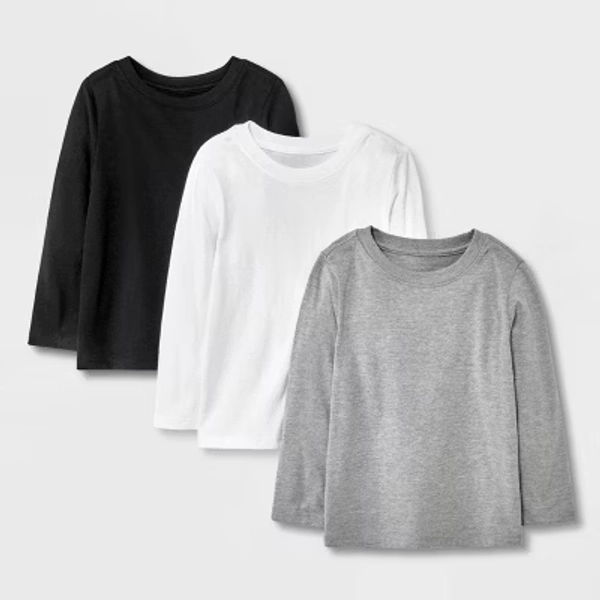 Toddler Boys' 3pk Long Sleeve T-Shirt - Cat & Jack™ Black/White/Gray 18M: Crew Neck, Jersey Fabric