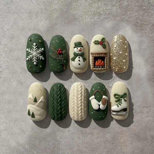 Cozy Green & Cream Winter Press-On Nails – 3D Snowflake, Snowman And Fireplace Christmas Nail Set – Knitted Sweater Holiday Nail Art