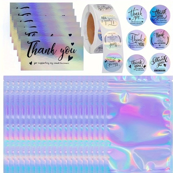 670-Piece Holographic Thank You Stationery Set with Paper Cards, Stickers, Resealable Bags for Businesses, Weddings, Gifts & Retail Packaging - Premium Gratitude Supplies