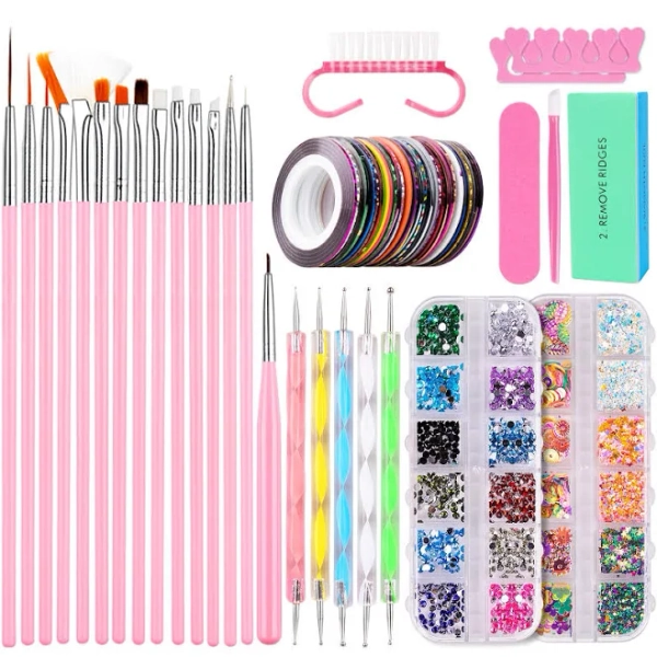 Nail Art Brush, Nail Art Decorations Tools Kit with 15 Pcs Acrylic Nail Drawing Painting Brushes Set Dotting Pen Striping Tapes, Rhinestones Crystals