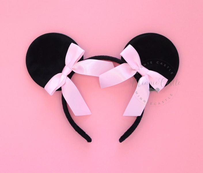 Mickey Ears, Satin bow Mickey Ears, Pink Coquette Ribbon Bow Mouse Ears, Minnie Ears, Black Mickey Ears, Non Glitter Mouse Ears Headband